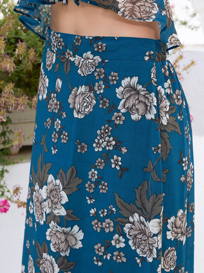 Women's Teal Floral Peplum Top With Skirt