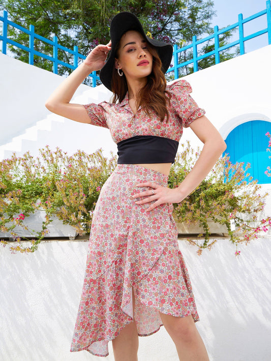 Women's Beige Ditsy Floral Crop Top With Ruffle Skirt
