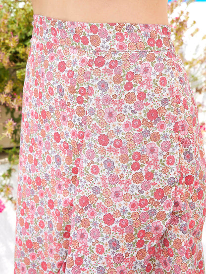 Women's Beige Ditsy Floral Crop Top With Ruffle Skirt