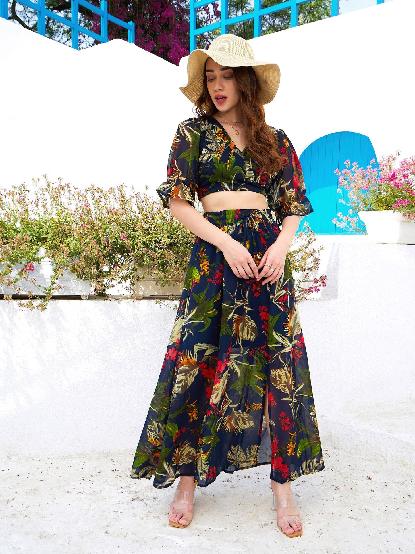 Women's Navy Floral Wrap Crop Top With Maxi Skirt