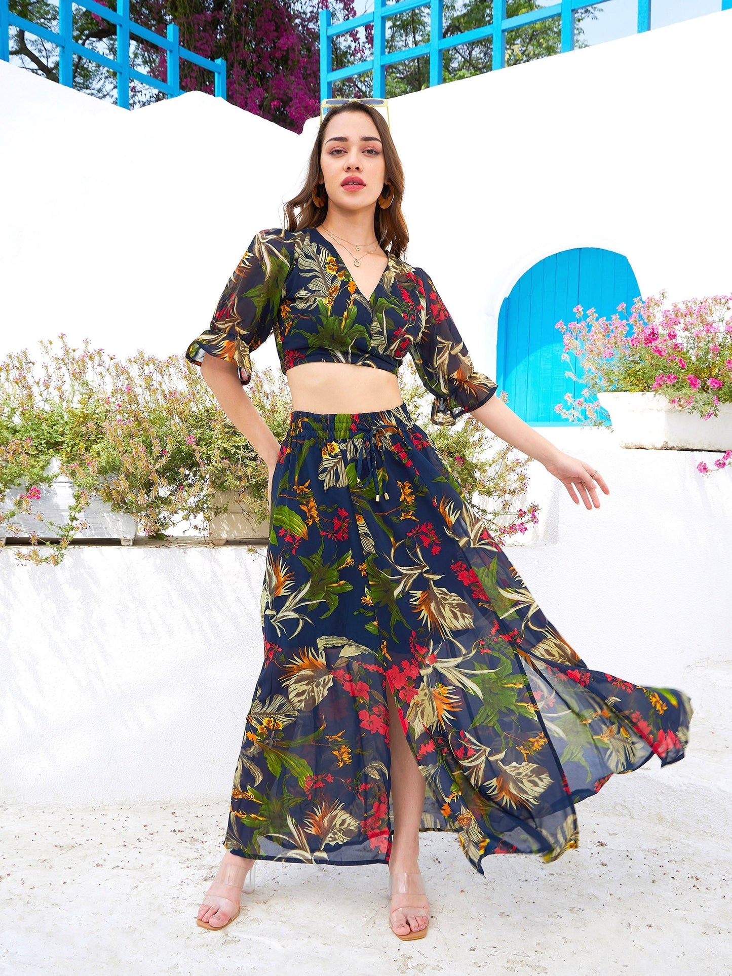 Women's Navy Floral Wrap Crop Top With Maxi Skirt