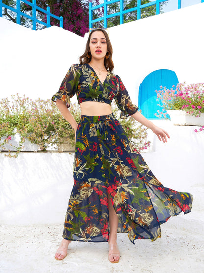 Women's Navy Floral Wrap Crop Top With Maxi Skirt