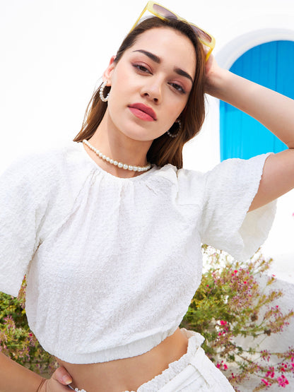 Women's White Seersucker Crop Top With Paperbag Shorts