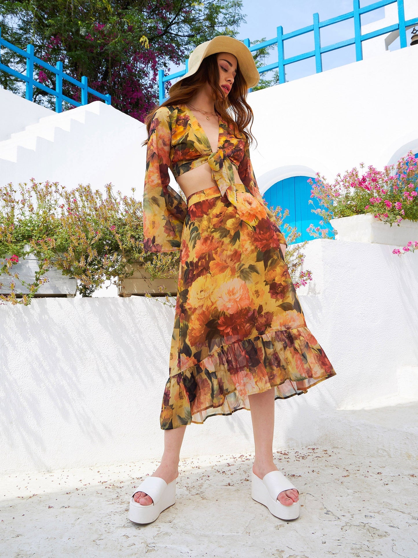 Women's Rust Floral Front Crop Top With Skirt