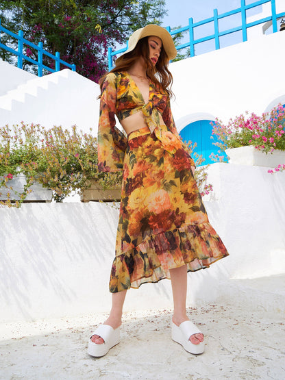 Women's Rust Floral Front Crop Top With Skirt