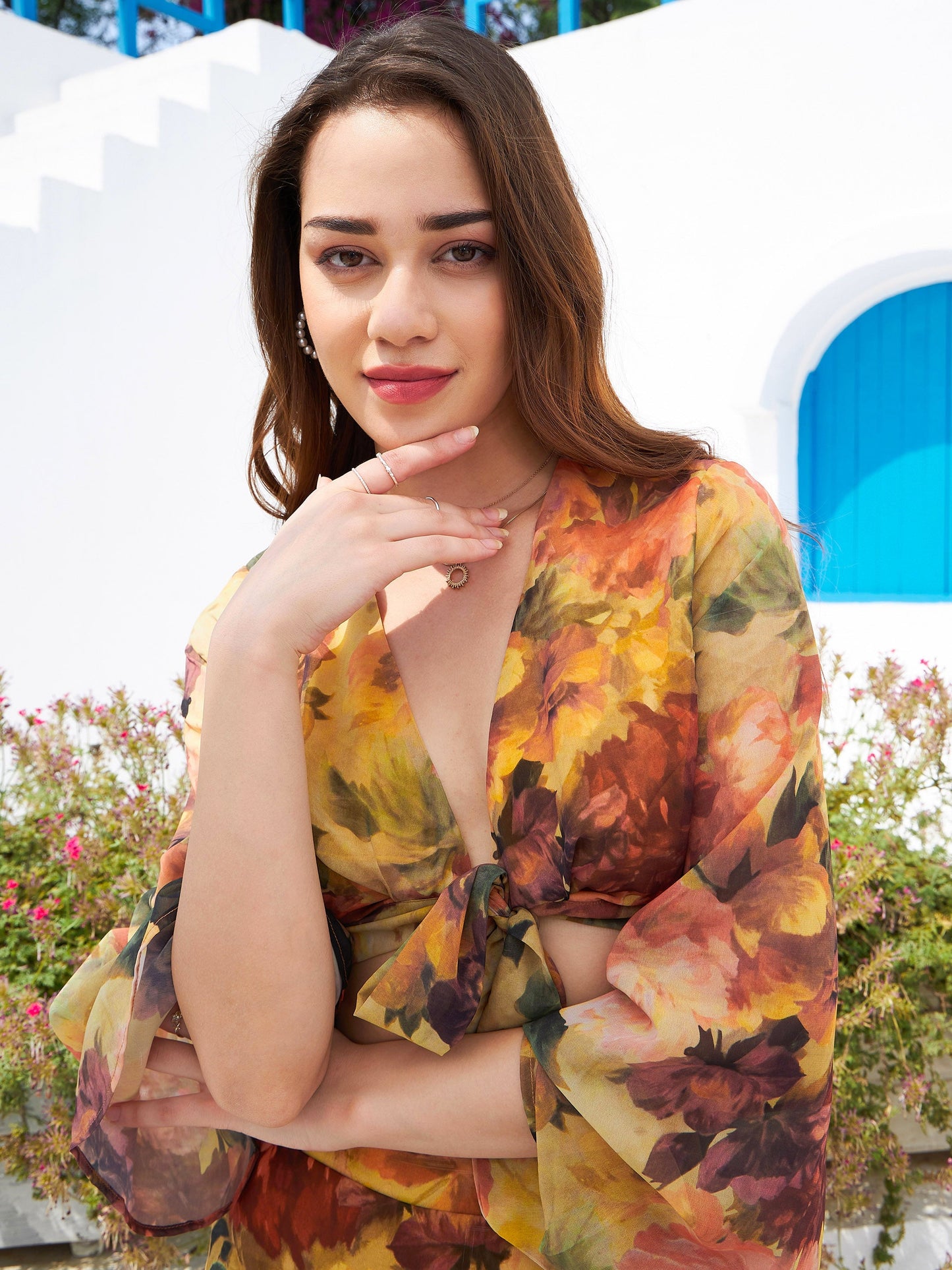 Women's Rust Floral Front Crop Top With Skirt