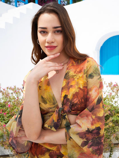 Women's Rust Floral Front Crop Top With Skirt