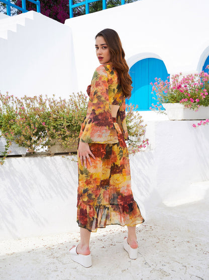 Women's Rust Floral Front Crop Top With Skirt