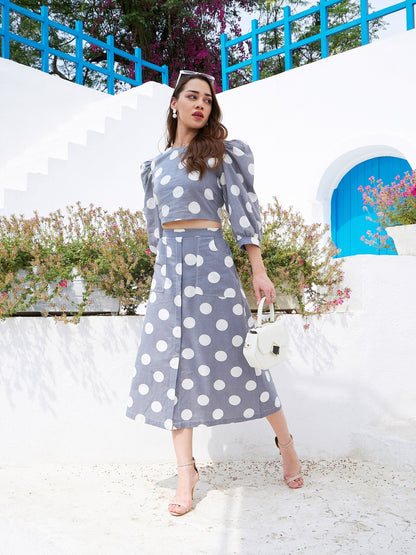 Women's Grey & White Polka Crop Top With Midi Skirt