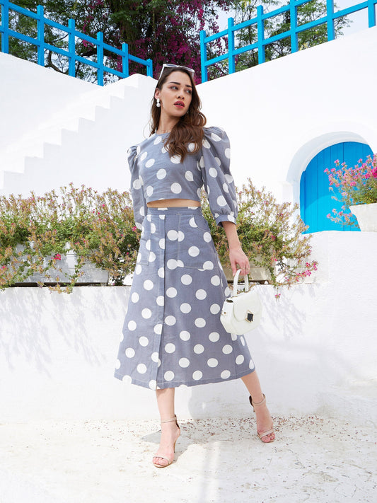 Women's Grey & White Polka Crop Top With Midi Skirt