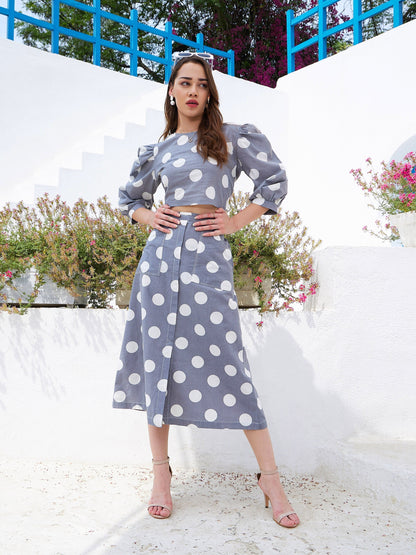 Women's Grey & White Polka Crop Top With Midi Skirt