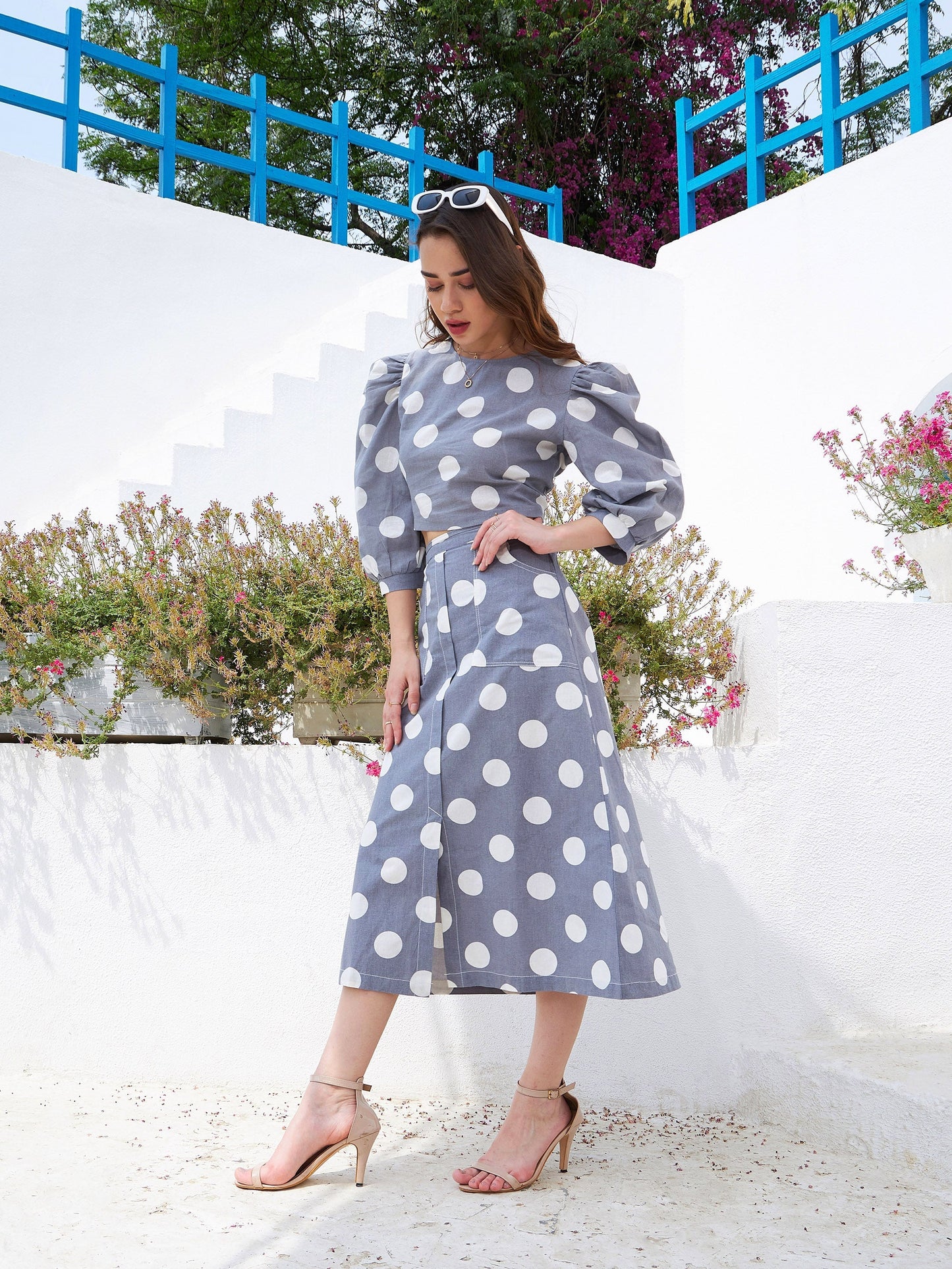 Women's Grey & White Polka Crop Top With Midi Skirt