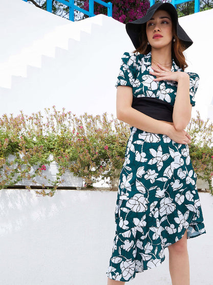 Women's Emerald Green Floral Crop Top With Ruffle Skirt