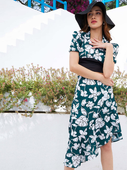 Women's Emerald Green Floral Crop Top With Ruffle Skirt