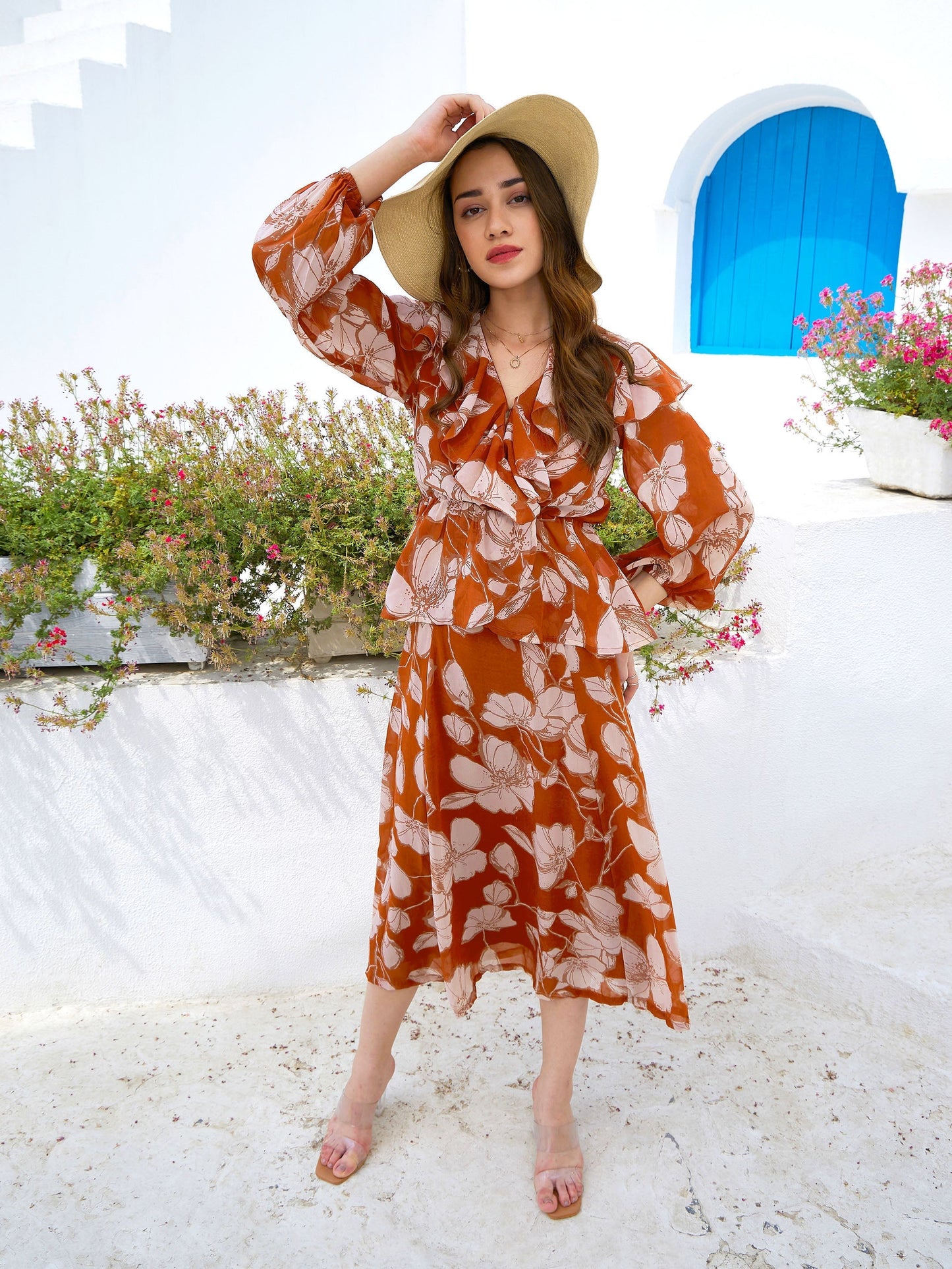 Women's Brown Floral Wrap Top with Skirt