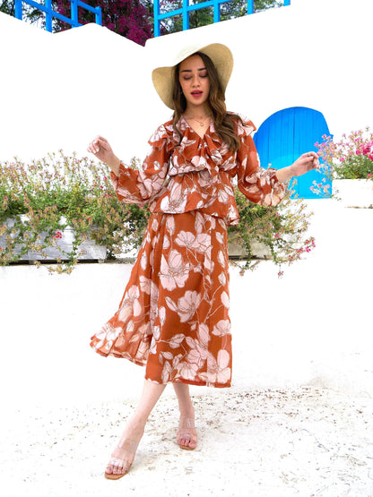 Women's Brown Floral Wrap Top with Skirt