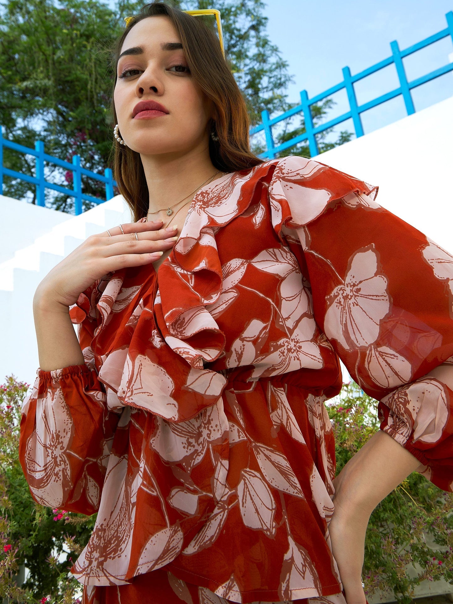Women's Brown Floral Wrap Top with Skirt