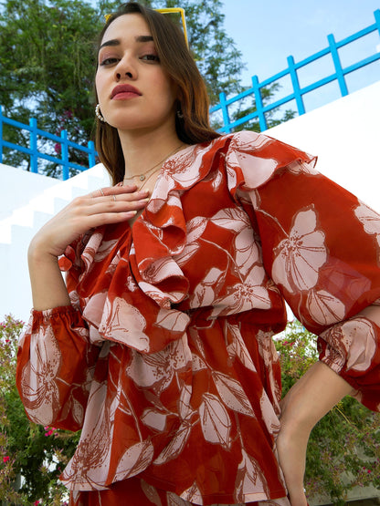 Women's Brown Floral Wrap Top with Skirt