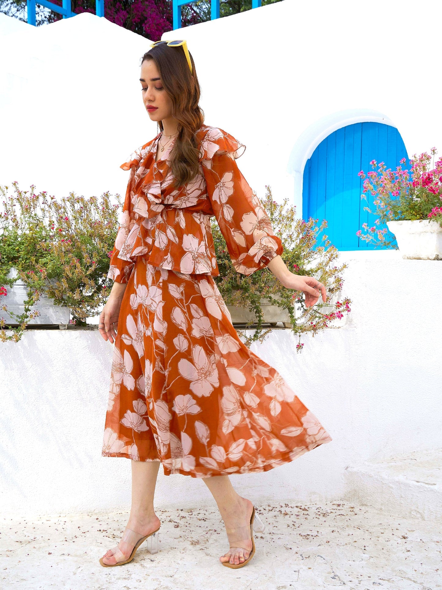Women's Brown Floral Wrap Top with Skirt