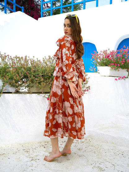 Women's Brown Floral Wrap Top with Skirt