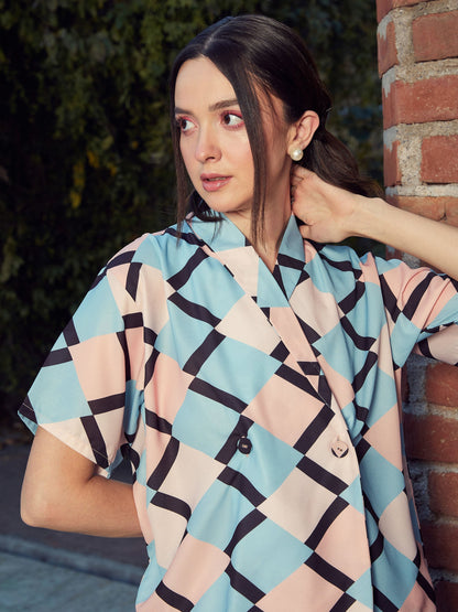 Women's Peach Geometrical Shawl Collar Top With Pants