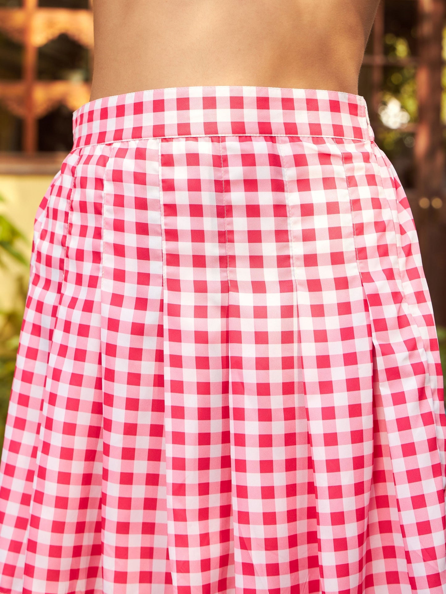 Women's Pink Check Crop Shirt With Pleated Mini Skirt