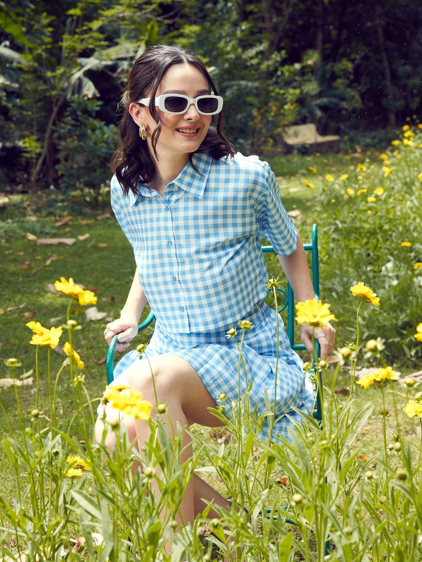 Women's Blue Check Crop Shirt With Pleated Mini Skirt