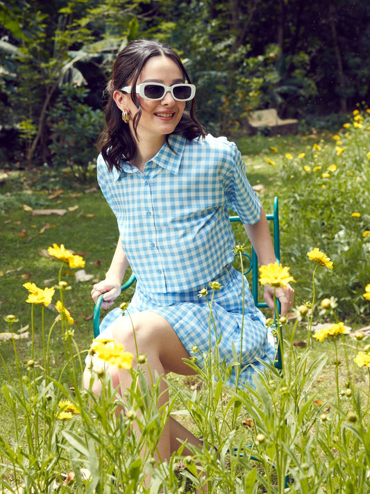 Women's Blue Check Crop Shirt With Pleated Mini Skirt