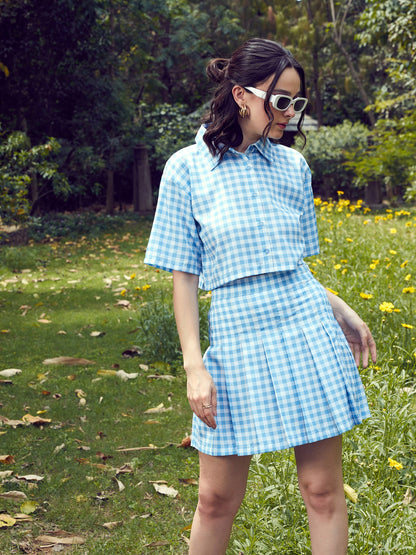 Women's Blue Check Crop Shirt With Pleated Mini Skirt
