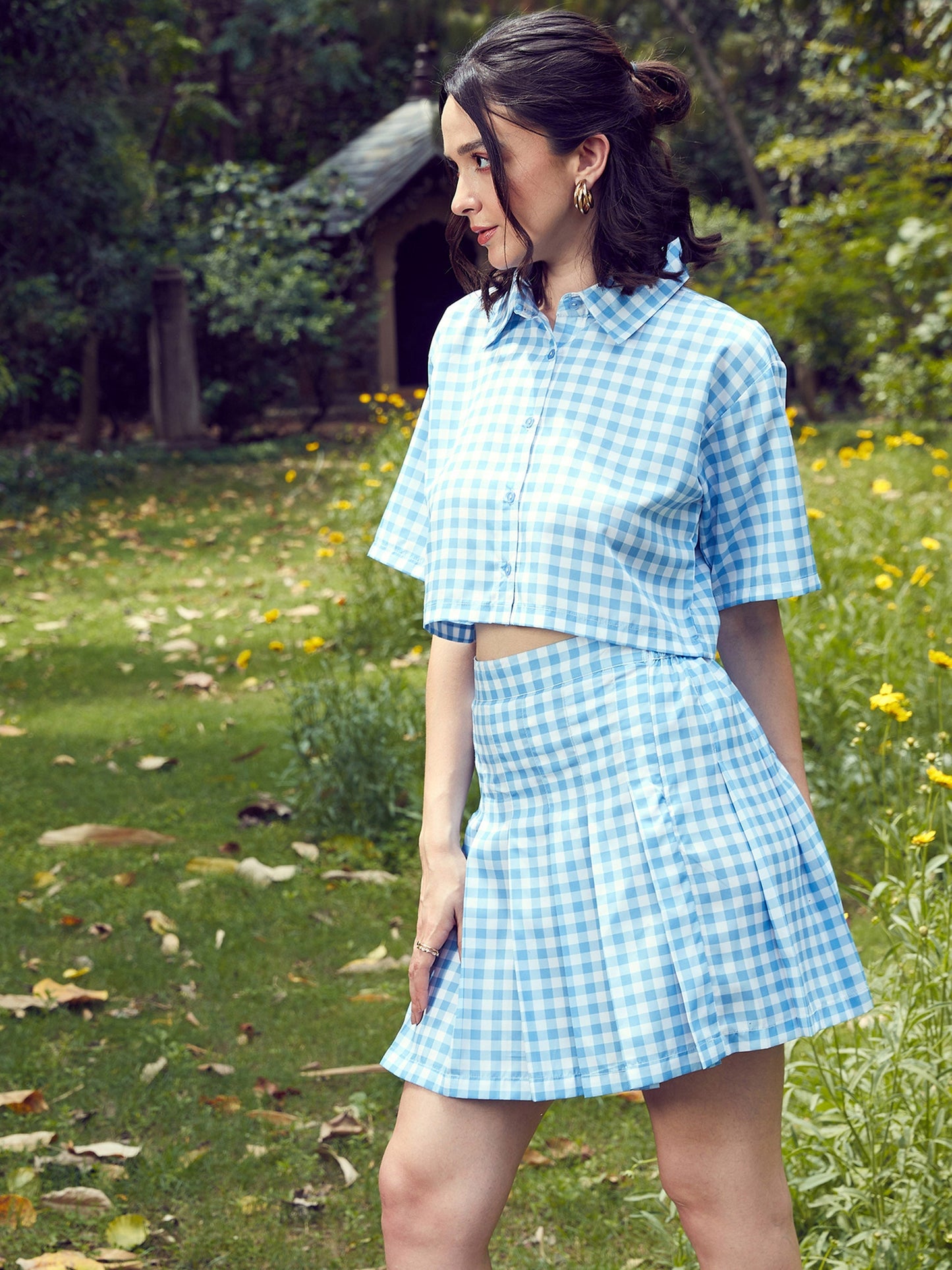 Women's Blue Check Crop Shirt With Pleated Mini Skirt
