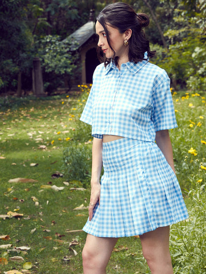 Women's Blue Check Crop Shirt With Pleated Mini Skirt