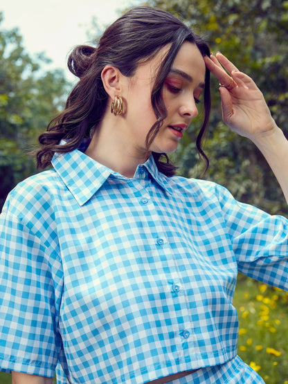 Women's Blue Check Crop Shirt With Pleated Mini Skirt