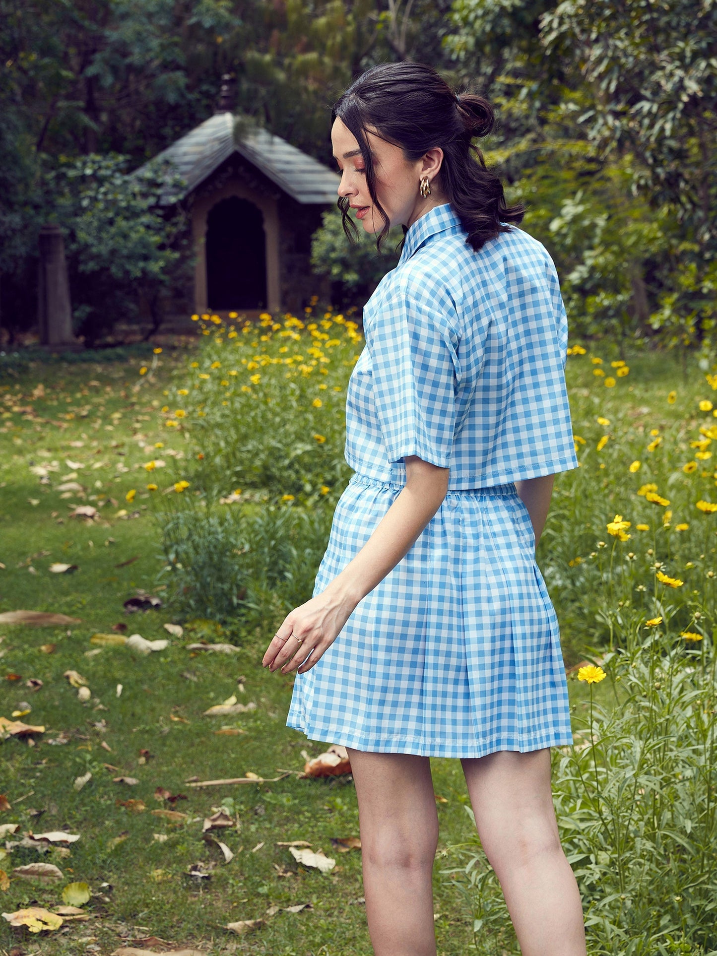Women's Blue Check Crop Shirt With Pleated Mini Skirt
