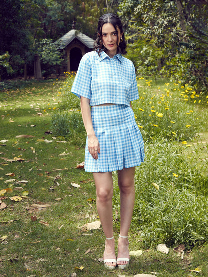 Women's Blue Check Crop Shirt With Pleated Mini Skirt