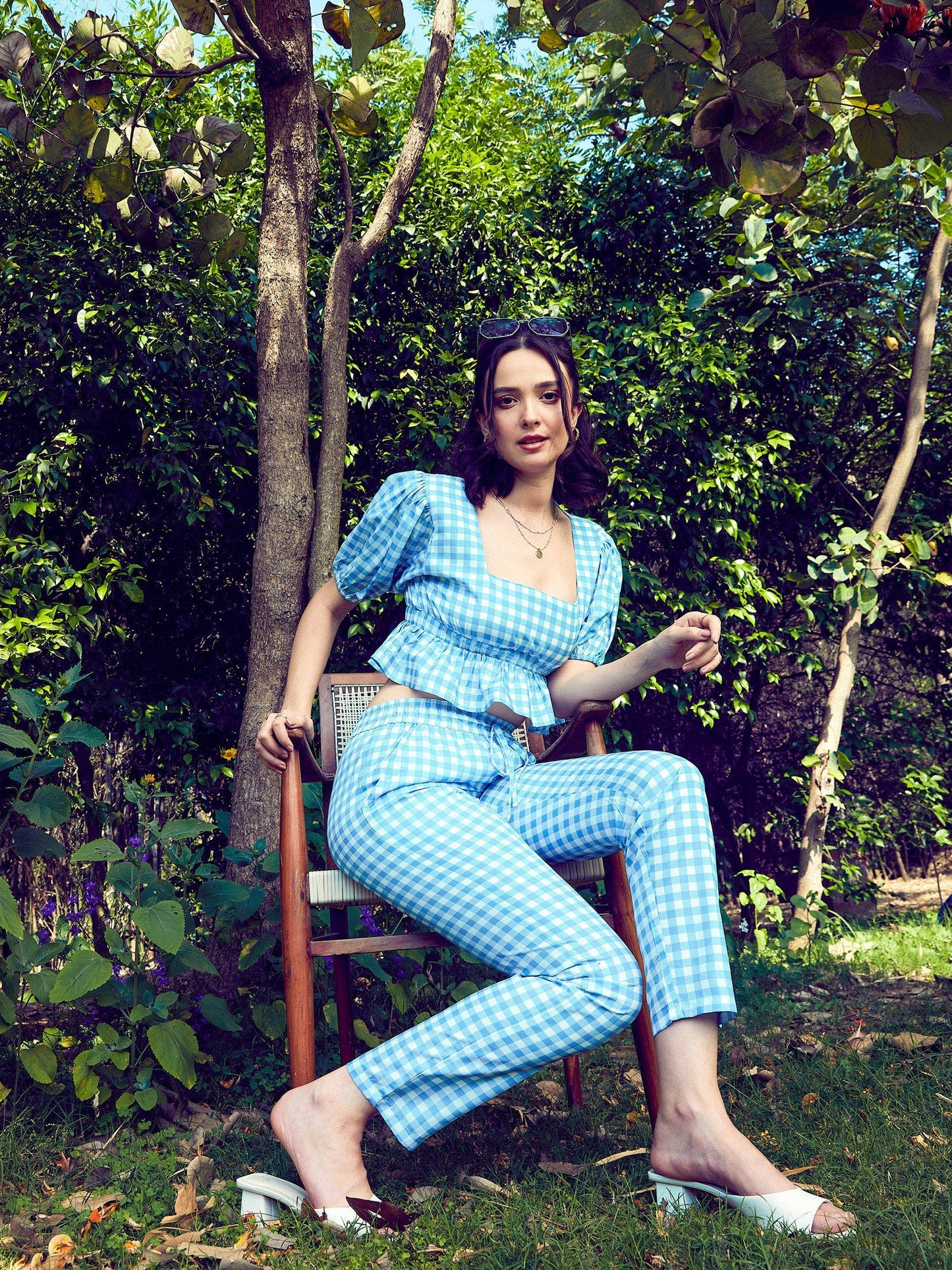 Women's Blue Check Crop Peplum Top With Tapered Pants