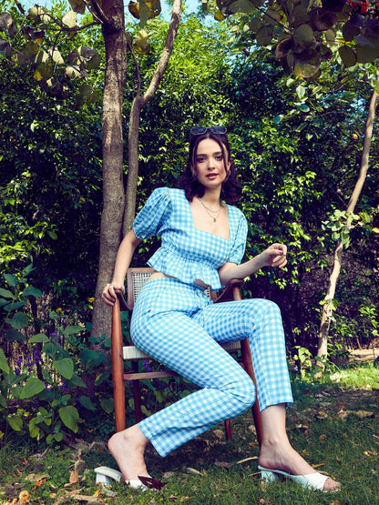 Women's Blue Check Crop Peplum Top With Tapered Pants