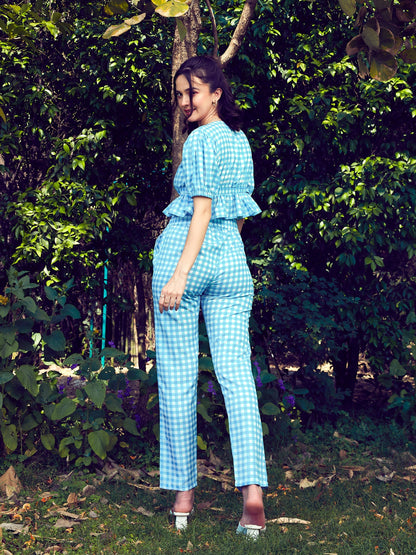 Women's Blue Check Crop Peplum Top With Tapered Pants