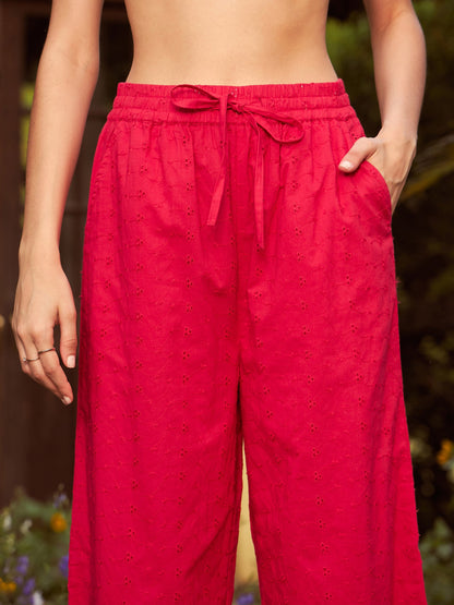 Women's Red Schiffli Crop Shirt With Wide Leg Pants