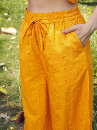 Women's Mustard Schiffli Crop Shirt With Wide Leg Pants