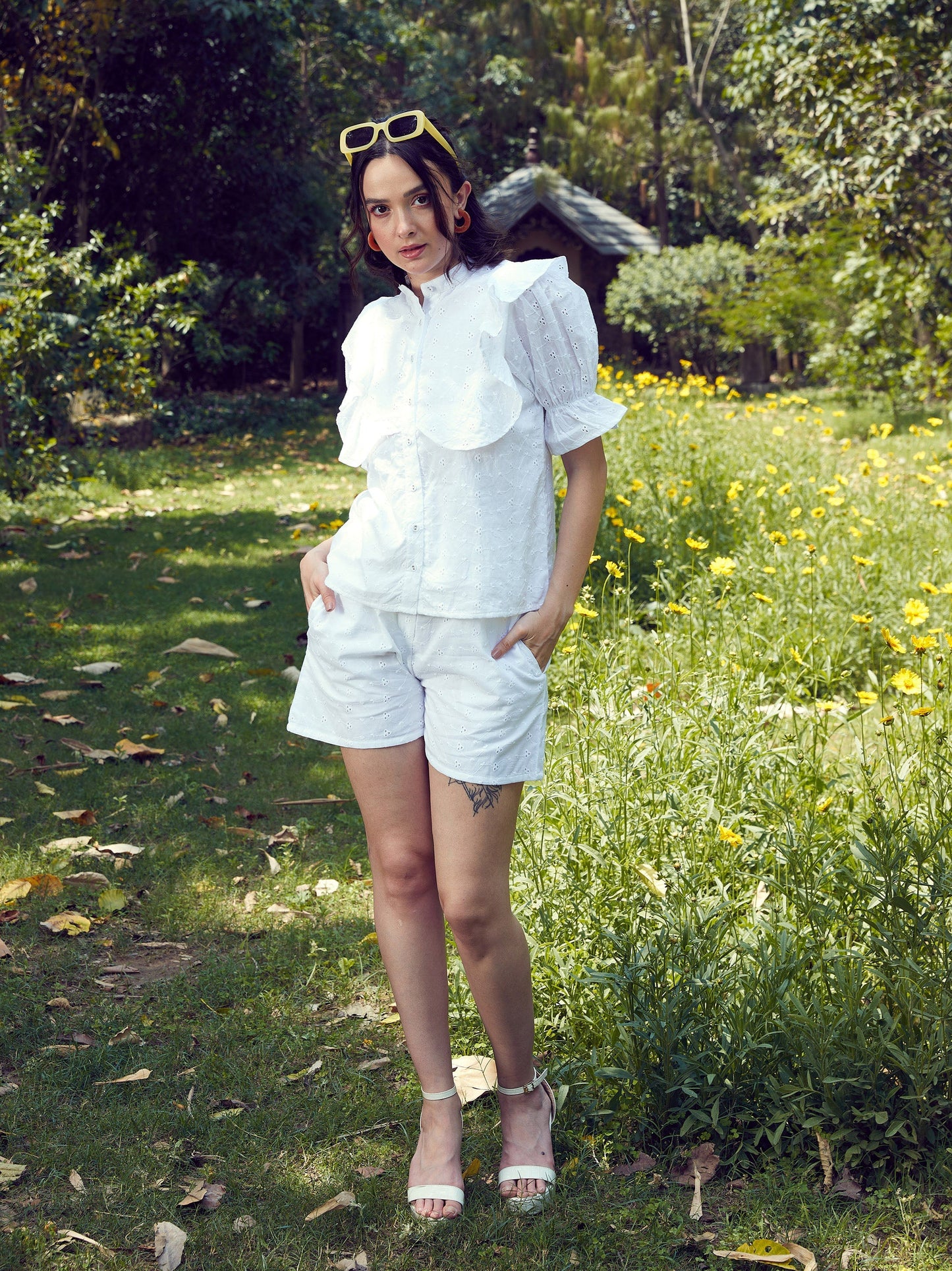 Women's White Schiffli Puff Sleeves Shirt With Paperwaist Shorts