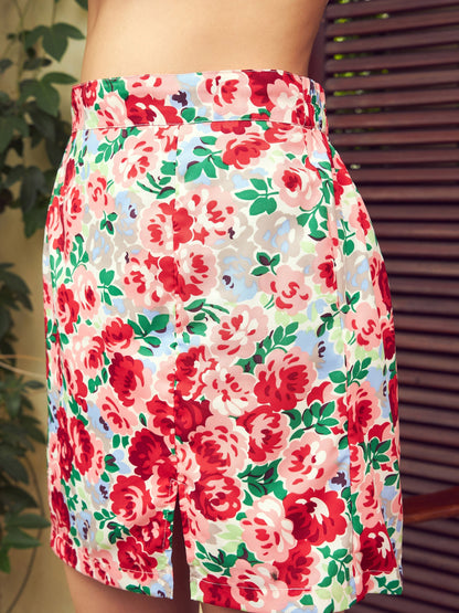 Women's Red Floral Sweetheart Neck Top With Mini Skirt