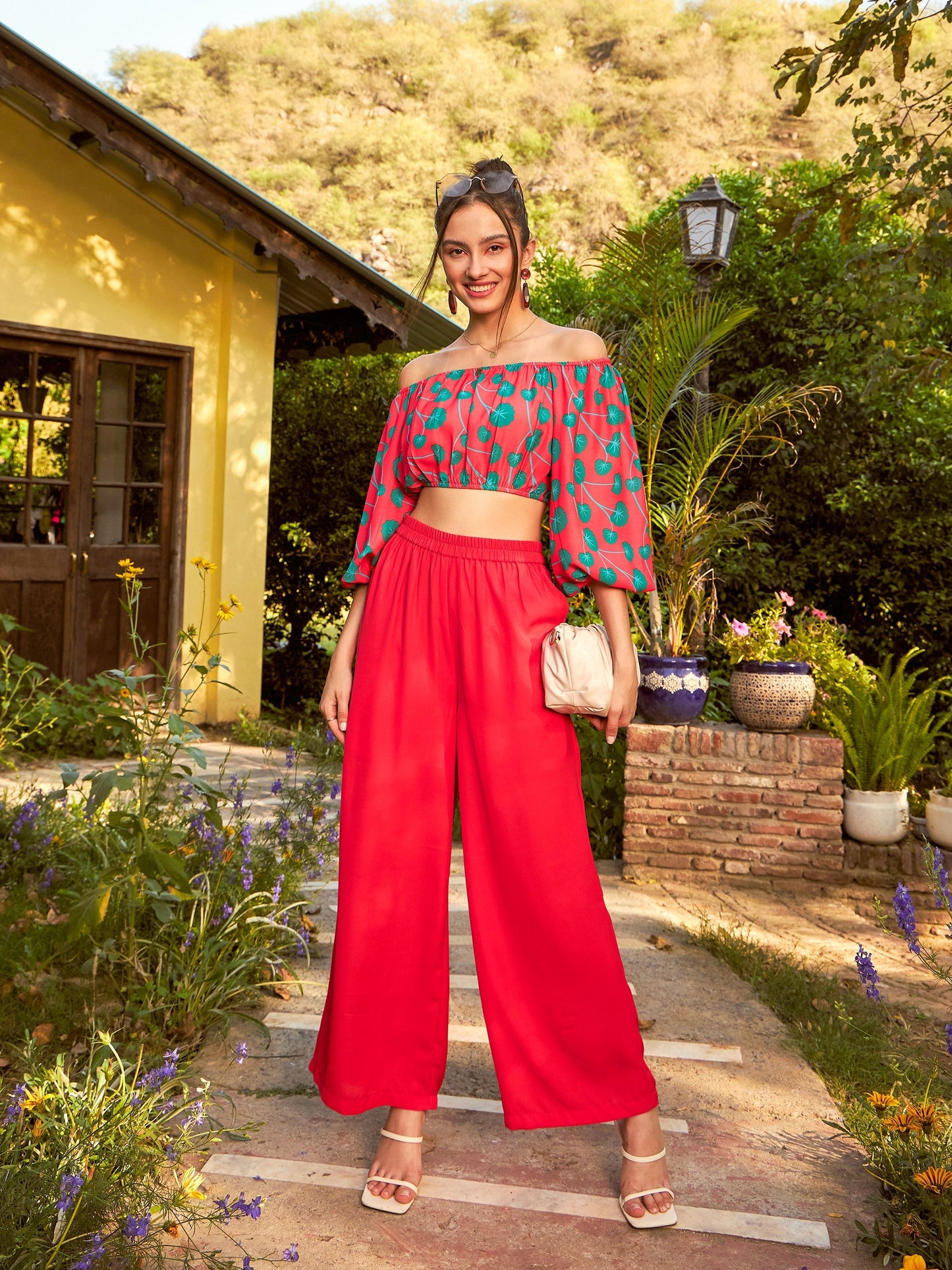 Women's Red Floral Off-Shoulder Top With Straight Pants