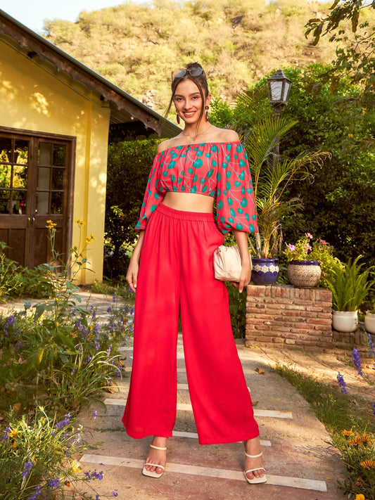 Women's Red Floral Off-Shoulder Top With Straight Pants