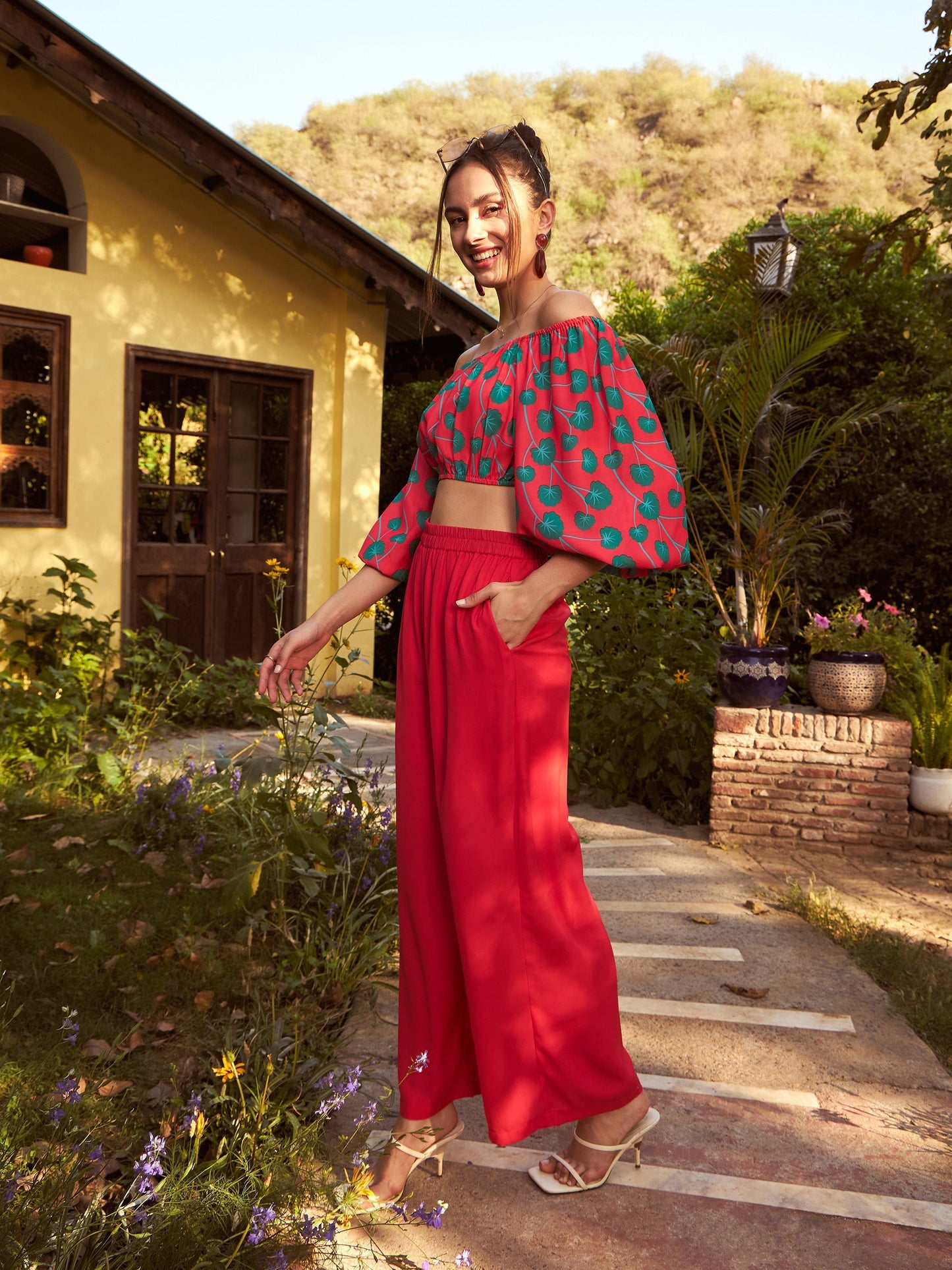 Women's Red Floral Off-Shoulder Top With Straight Pants