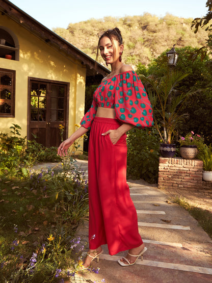 Women's Red Floral Off-Shoulder Top With Straight Pants