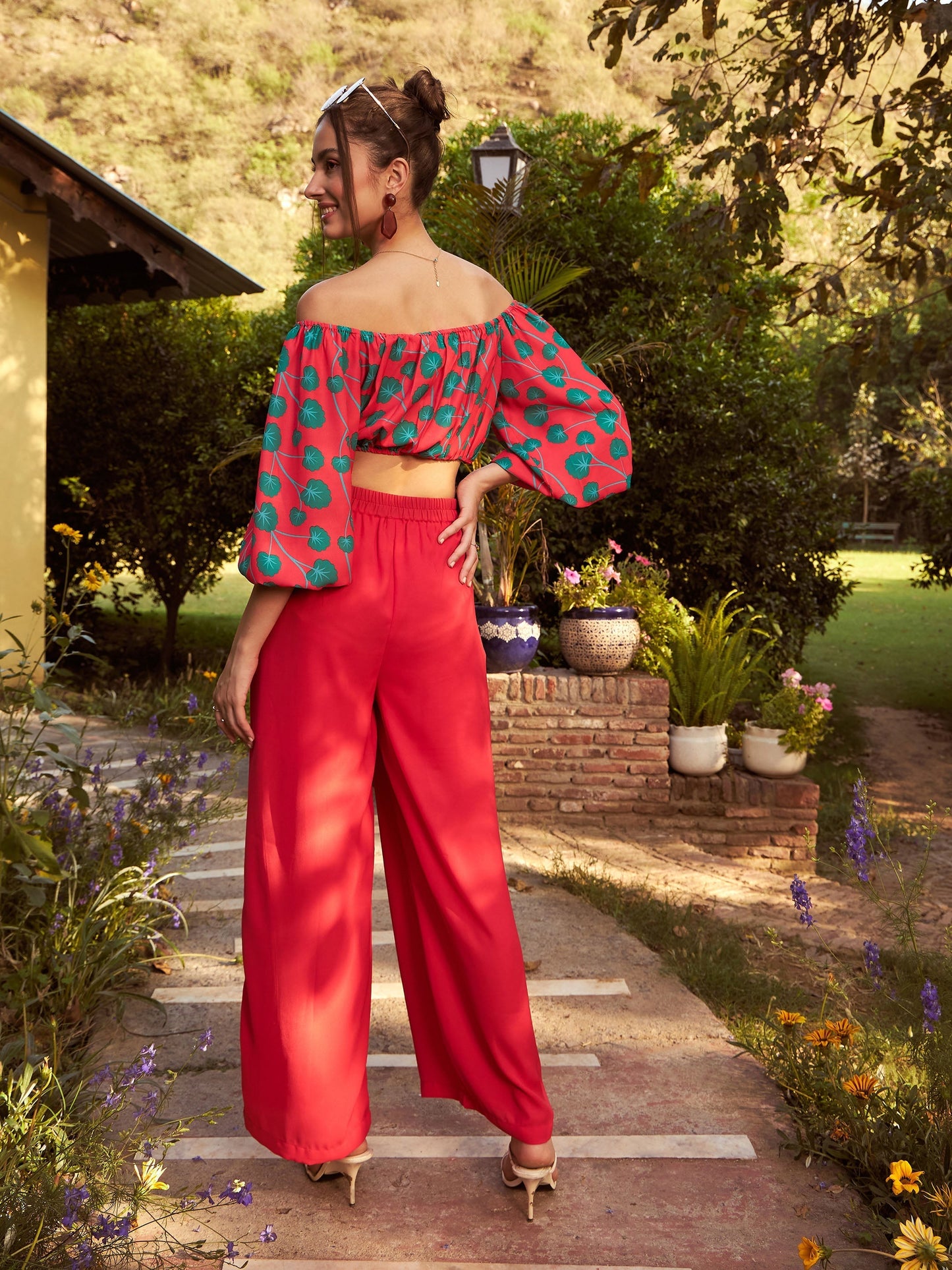 Women's Red Floral Off-Shoulder Top With Straight Pants