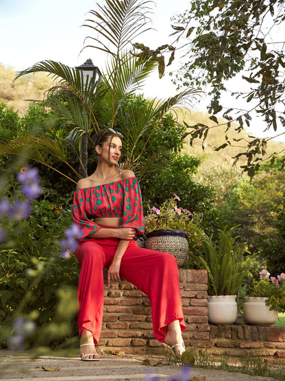 Women's Red Floral Off-Shoulder Top With Straight Pants