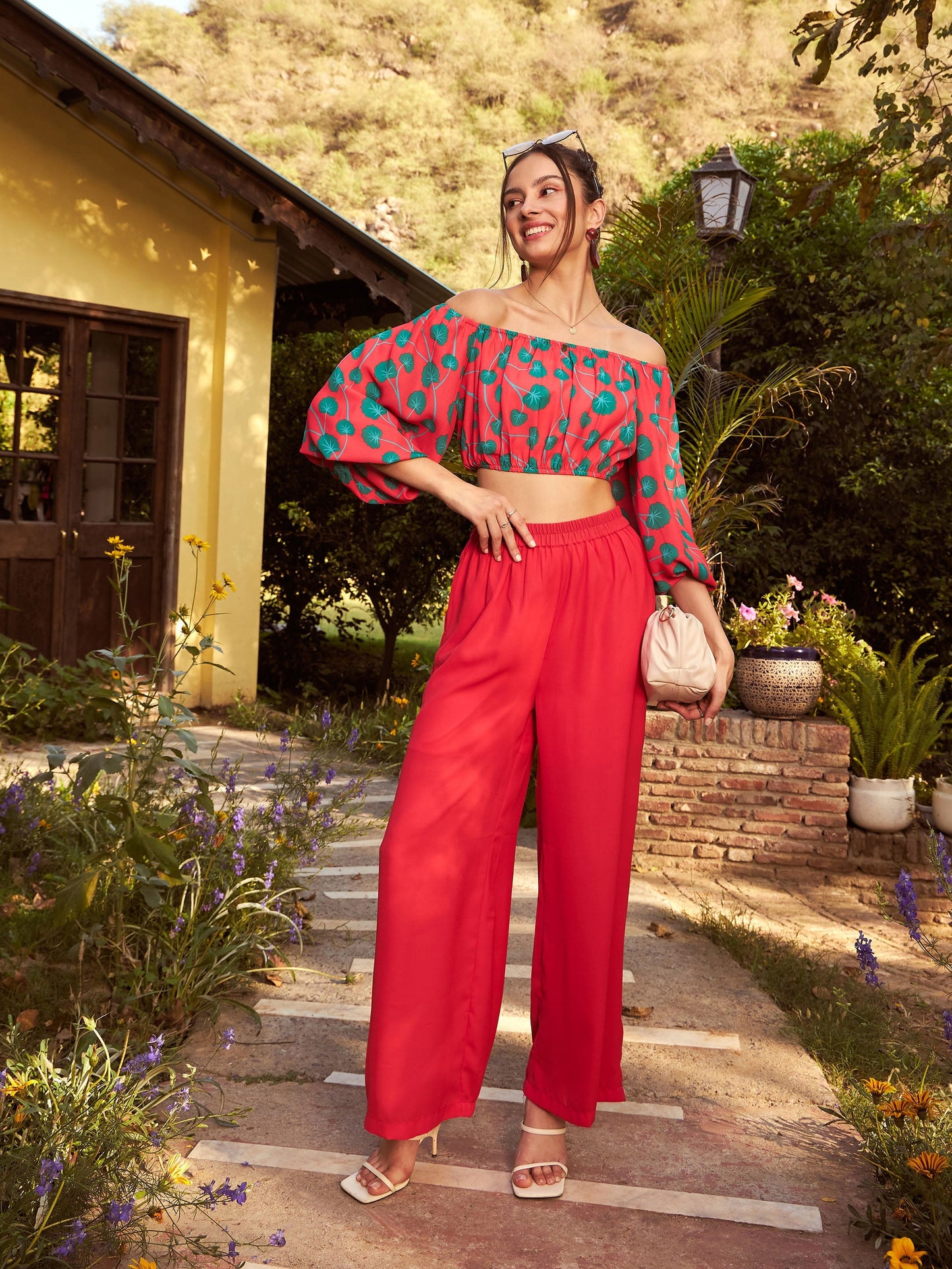 Women's Red Floral Off-Shoulder Top With Straight Pants