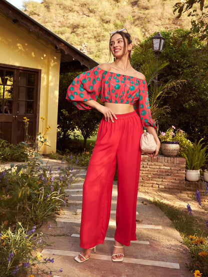 Women's Red Floral Off-Shoulder Top With Straight Pants