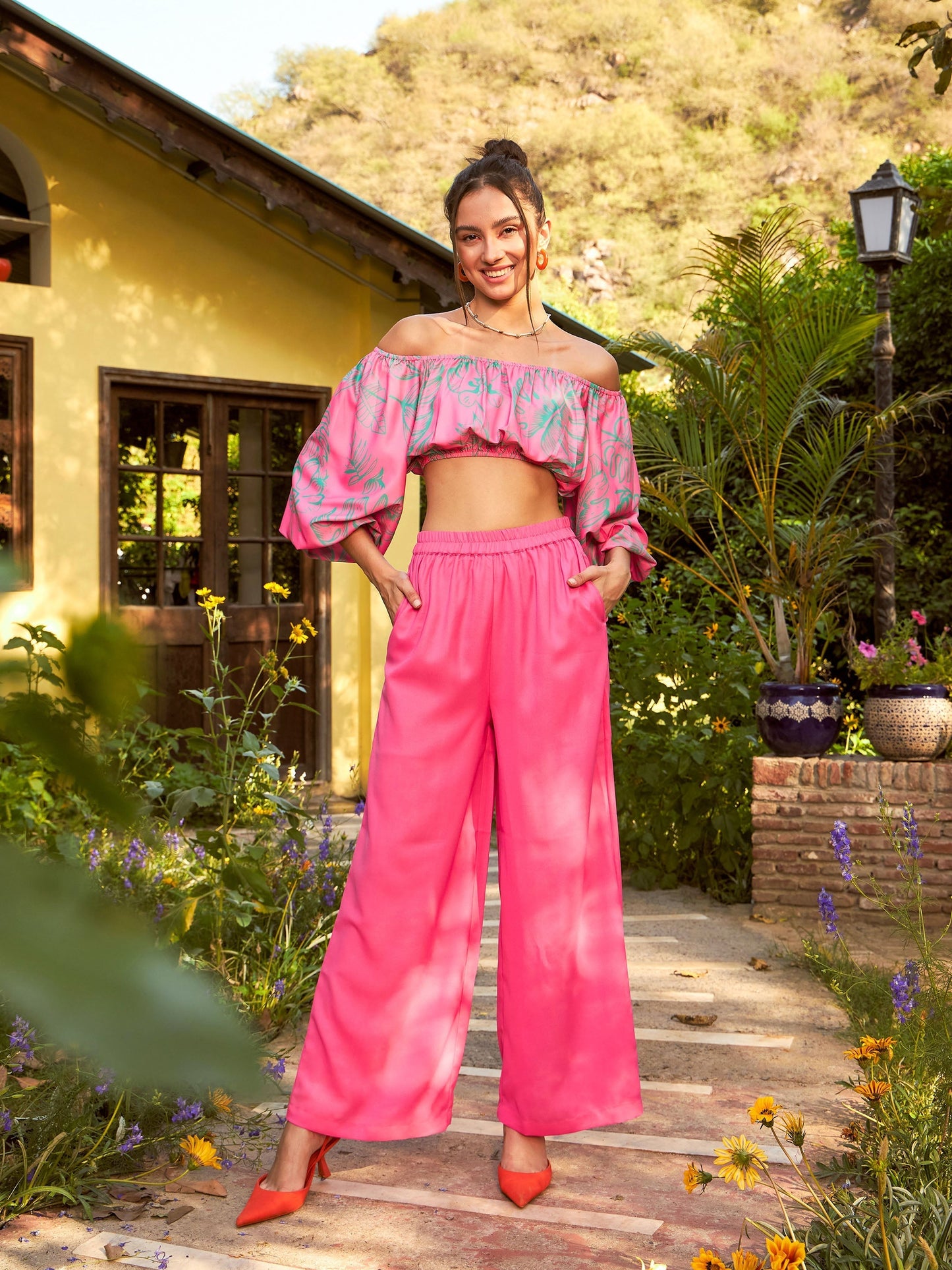 Women's Pink Floral Off-Shoulder Top With Straight Pants